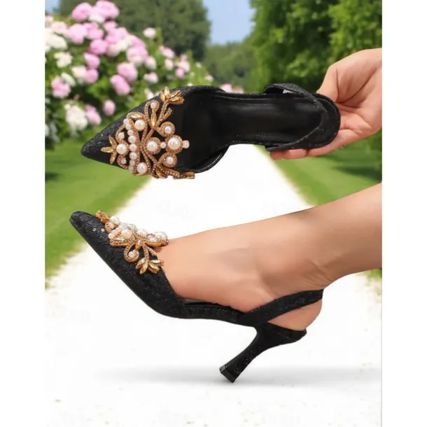 Women's Black Satin Slingback Heels with Pearl Detailing - Stylish Heels for Cocktail Parties and Night Events