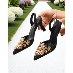 Women's Black Satin Slingback Heels with Pearl Detailing - Stylish Heels for Cocktail Parties and Night Events