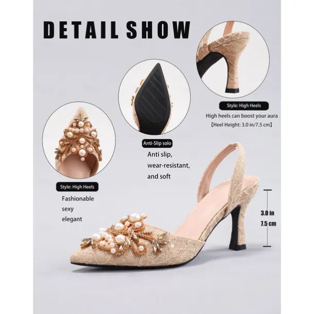 Women's Black Satin Slingback Heels with Pearl Detailing - Stylish Heels for Cocktail Parties and Night Events