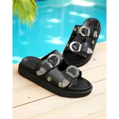 Women's Black Slip-On Sandals with Metallic Buckle and Studded Details – Casual, Trendy Beach Footwear with Bat Pattern for Halloween, Summer Outings, and Poolside Relaxation