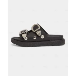 Women's Black Slip-On Sandals with Metallic Buckle and Studded Details – Casual, Trendy Beach Footwear with Bat Pattern for Halloween, Summer Outings, and Poolside Relaxation