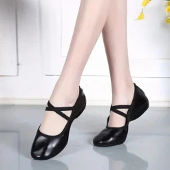 Women's Black Soft Sole Ballet Dance Shoes - Professional Flat Slip-On Shoes with Cross Straps for Practice and Performances