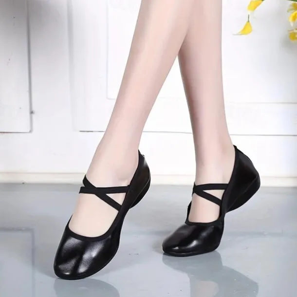 Women's Black Soft Sole Ballet Dance Shoes - Professional Flat Slip-On Shoes with Cross Straps for Practice and Performances