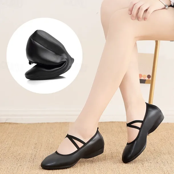 Women's Black Soft Sole Ballet Dance Shoes - Professional Flat Slip-On Shoes with Cross Straps for Practice and Performances