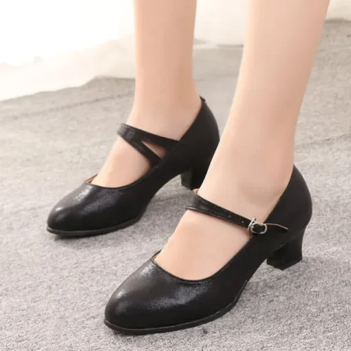 Women's Black Soft Sole Latin Dance Shoes – Low Heel PU Ballroom Practice Heels for Beginners and Social Dancing