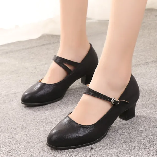Women's Black Soft Sole Latin Dance Shoes – Low Heel PU Ballroom Practice Heels for Beginners and Social Dancing