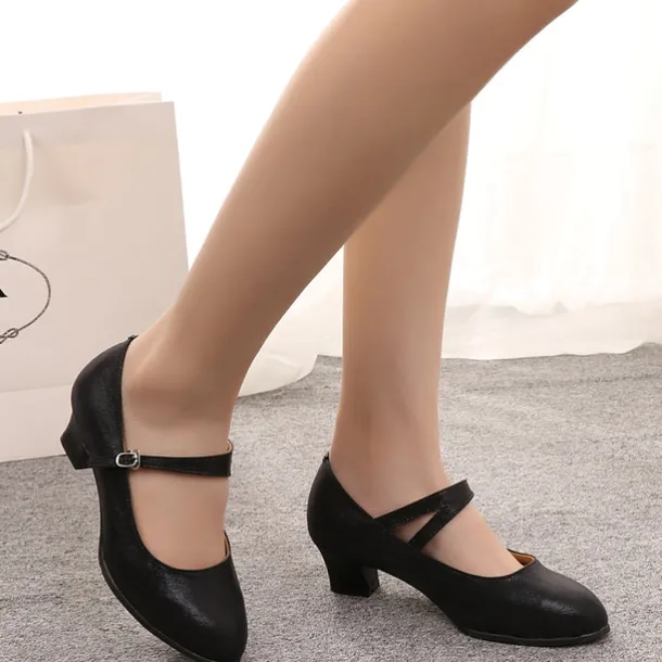 Women's Black Soft Sole Latin Dance Shoes – Low Heel PU Ballroom Practice Heels for Beginners and Social Dancing