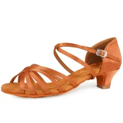 Women's Black Strappy Latin Dance Shoes - Satin Open-Toe Sandals with Low Heel and Suede Sole for Ballroom, Salsa, and Tango