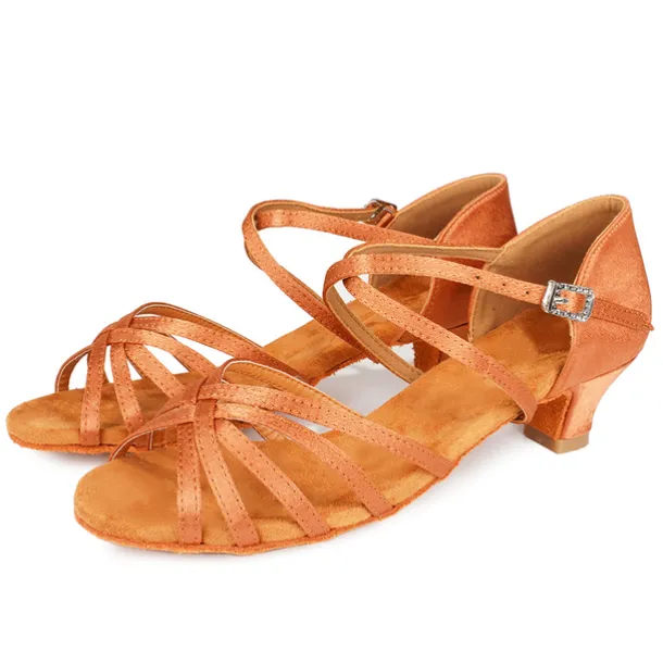 Women's Black Strappy Latin Dance Shoes - Satin Open-Toe Sandals with Low Heel and Suede Sole for Ballroom, Salsa, and Tango