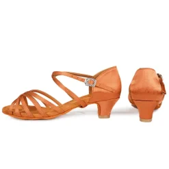Women's Black Strappy Latin Dance Shoes - Satin Open-Toe Sandals with Low Heel and Suede Sole for Ballroom, Salsa, and Tango