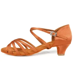 Women's Black Strappy Latin Dance Shoes - Satin Open-Toe Sandals with Low Heel and Suede Sole for Ballroom, Salsa, and Tango