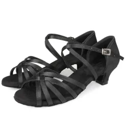 Women's Black Strappy Latin Dance Shoes - Satin Open-Toe Sandals with Low Heel and Suede Sole for Ballroom, Salsa, and Tango