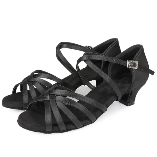 Women's Black Strappy Latin Dance Shoes - Satin Open-Toe Sandals with Low Heel and Suede Sole for Ballroom, Salsa, and Tango
