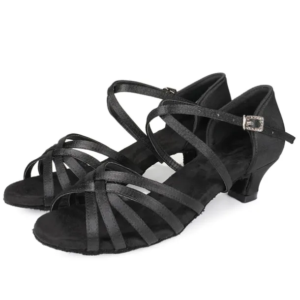 Women's Black Strappy Latin Dance Shoes - Satin Open-Toe Sandals with Low Heel and Suede Sole for Ballroom, Salsa, and Tango