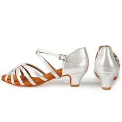 Women's Black Strappy Latin Dance Shoes - Satin Open-Toe Sandals with Low Heel and Suede Sole for Ballroom, Salsa, and Tango