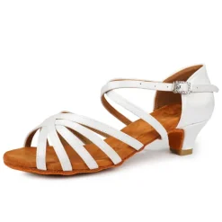 Women's Black Strappy Latin Dance Shoes - Satin Open-Toe Sandals with Low Heel and Suede Sole for Ballroom, Salsa, and Tango