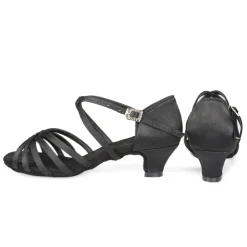 Women's Black Strappy Latin Dance Shoes - Satin Open-Toe Sandals with Low Heel and Suede Sole for Ballroom, Salsa, and Tango