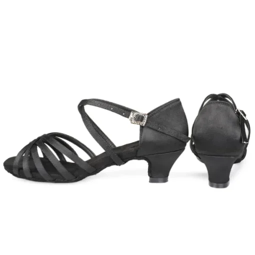 Women's Black Strappy Latin Dance Shoes - Satin Open-Toe Sandals with Low Heel and Suede Sole for Ballroom, Salsa, and Tango
