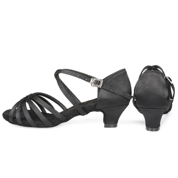 Women's Black Strappy Latin Dance Shoes - Satin Open-Toe Sandals with Low Heel and Suede Sole for Ballroom, Salsa, and Tango