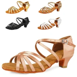 Women's Black Strappy Latin Dance Shoes - Satin Open-Toe Sandals with Low Heel and Suede Sole for Ballroom, Salsa, and Tango