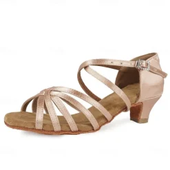 Women's Black Strappy Latin Dance Shoes - Satin Open-Toe Sandals with Low Heel and Suede Sole for Ballroom, Salsa, and Tango