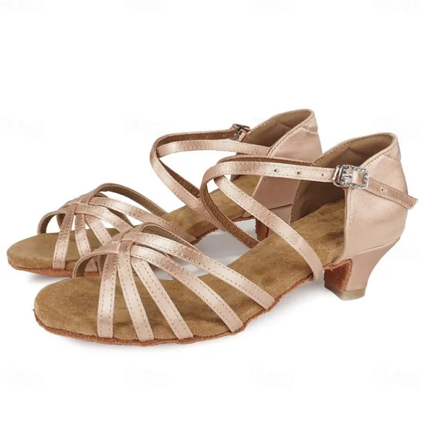 Women's Black Strappy Latin Dance Shoes - Satin Open-Toe Sandals with Low Heel and Suede Sole for Ballroom, Salsa, and Tango
