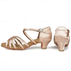 Women's Black Strappy Latin Dance Shoes - Satin Open-Toe Sandals with Low Heel and Suede Sole for Ballroom, Salsa, and Tango