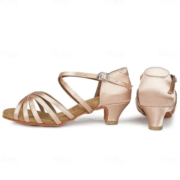 Women's Black Strappy Latin Dance Shoes - Satin Open-Toe Sandals with Low Heel and Suede Sole for Ballroom, Salsa, and Tango