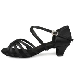 Women's Black Strappy Latin Dance Shoes - Satin Open-Toe Sandals with Low Heel and Suede Sole for Ballroom, Salsa, and Tango