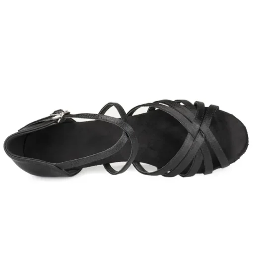 Women's Black Strappy Latin Dance Shoes - Satin Open-Toe Sandals with Low Heel and Suede Sole for Ballroom, Salsa, and Tango