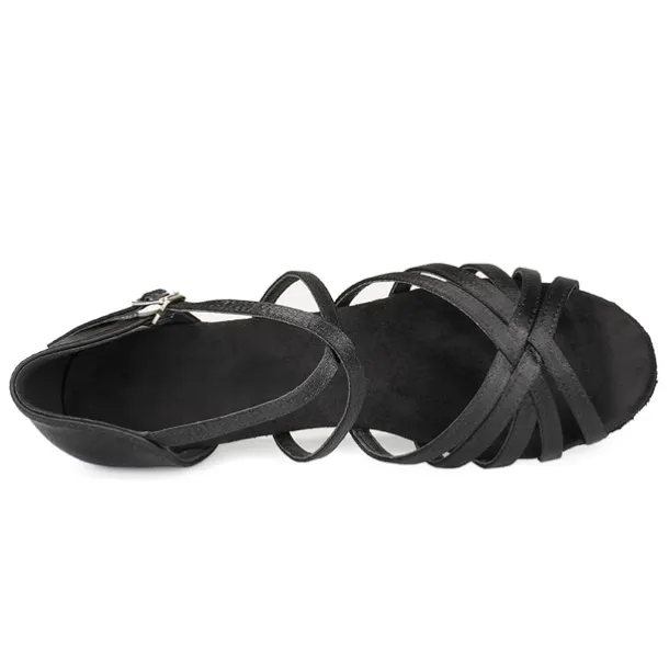 Women's Black Strappy Latin Dance Shoes - Satin Open-Toe Sandals with Low Heel and Suede Sole for Ballroom, Salsa, and Tango