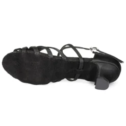 Women's Black Strappy Latin Dance Shoes - Satin Open-Toe Sandals with Low Heel and Suede Sole for Ballroom, Salsa, and Tango