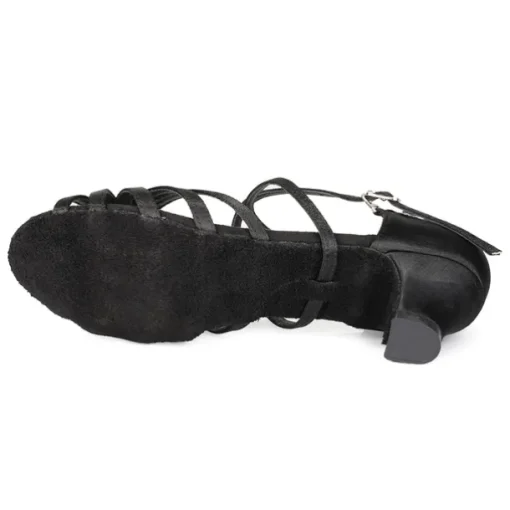 Women's Black Strappy Latin Dance Shoes - Satin Open-Toe Sandals with Low Heel and Suede Sole for Ballroom, Salsa, and Tango