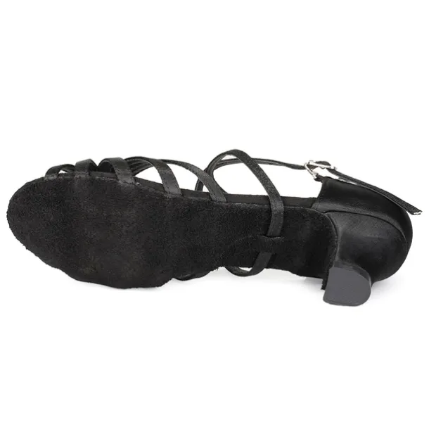 Women's Black Strappy Latin Dance Shoes - Satin Open-Toe Sandals with Low Heel and Suede Sole for Ballroom, Salsa, and Tango