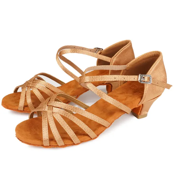 Women's Black Strappy Latin Dance Shoes - Satin Open-Toe Sandals with Low Heel and Suede Sole for Ballroom, Salsa, and Tango