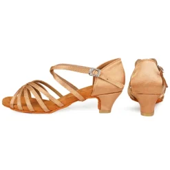 Women's Black Strappy Latin Dance Shoes - Satin Open-Toe Sandals with Low Heel and Suede Sole for Ballroom, Salsa, and Tango