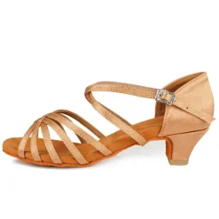 Women's Black Strappy Latin Dance Shoes - Satin Open-Toe Sandals with Low Heel and Suede Sole for Ballroom, Salsa, and Tango