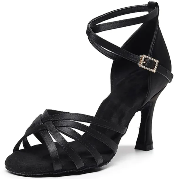 Women's Black Strappy Latin Dance Shoes – Suede Sole Ballroom Heels with Ankle Strap for Salsa, Tango, and Performance Events