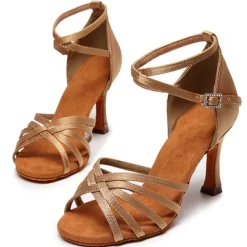 Women's Black Strappy Latin Dance Shoes – Suede Sole Ballroom Heels with Ankle Strap for Salsa, Tango, and Performance Events