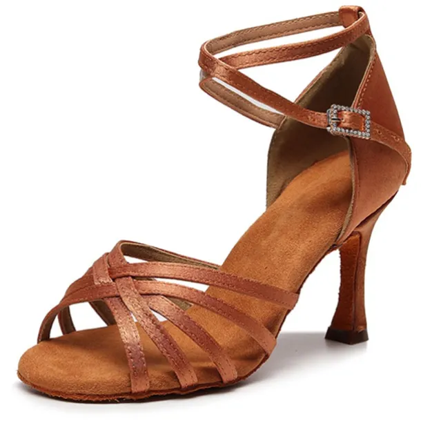 Women's Black Strappy Latin Dance Shoes – Suede Sole Ballroom Heels with Ankle Strap for Salsa, Tango, and Performance Events