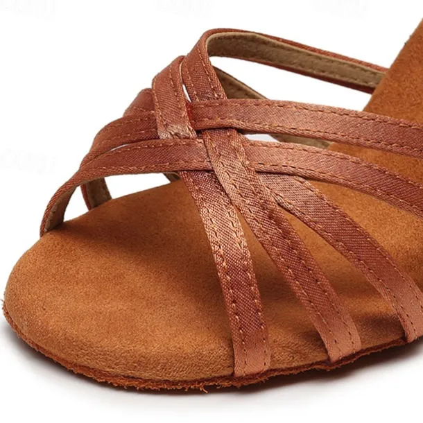 Women's Black Strappy Latin Dance Shoes – Suede Sole Ballroom Heels with Ankle Strap for Salsa, Tango, and Performance Events