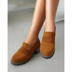 Women's Black Suede Chunky Loafers - Rugged Sole with Block Heel for Casual and Everyday Wear