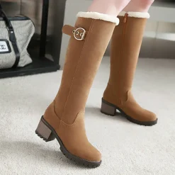 Women's Black Suede Knee-High Boots with Fur-Lined Interior, Buckle Accent, and Block Heel for Winter Fashion and Cold Weather Comfort