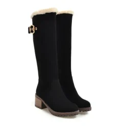 Women's Black Suede Knee-High Boots with Fur-Lined Interior, Buckle Accent, and Block Heel for Winter Fashion and Cold Weather Comfort