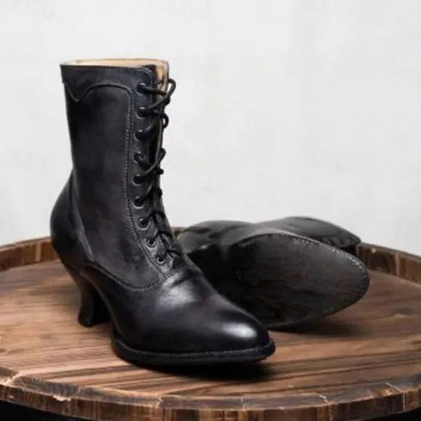 Women's Black Vintage Lace-Up Ankle Boots - Retro Faux Leather Victorian-Style Shoes for Cosplay, Reenactments, and Special Occasions