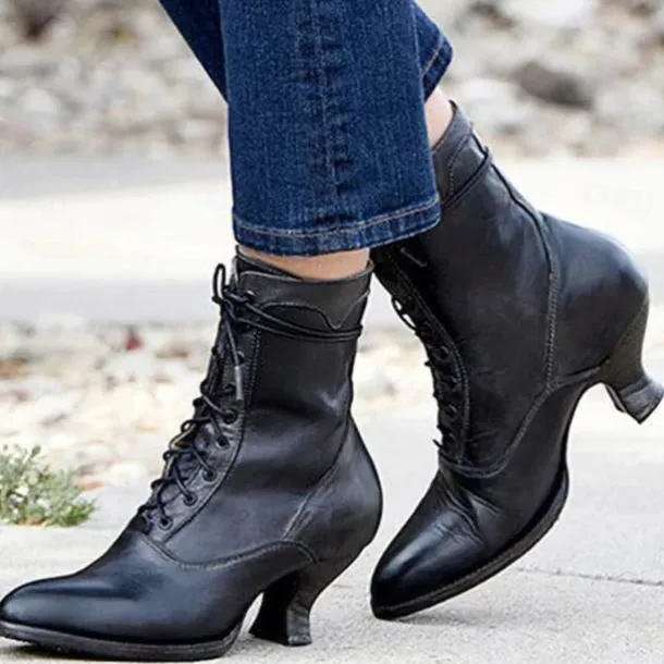 Women's Black Vintage Lace-Up Ankle Boots - Retro Faux Leather Victorian-Style Shoes for Cosplay, Reenactments, and Special Occasions