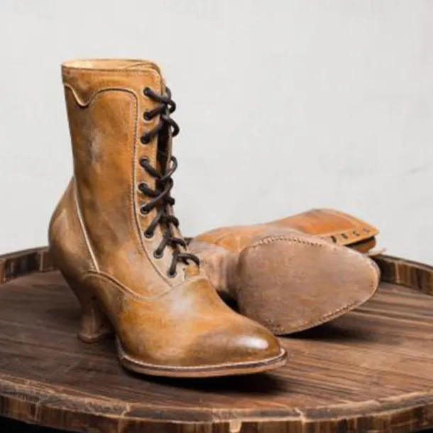 Women's Black Vintage Lace-Up Ankle Boots - Retro Faux Leather Victorian-Style Shoes for Cosplay, Reenactments, and Special Occasions