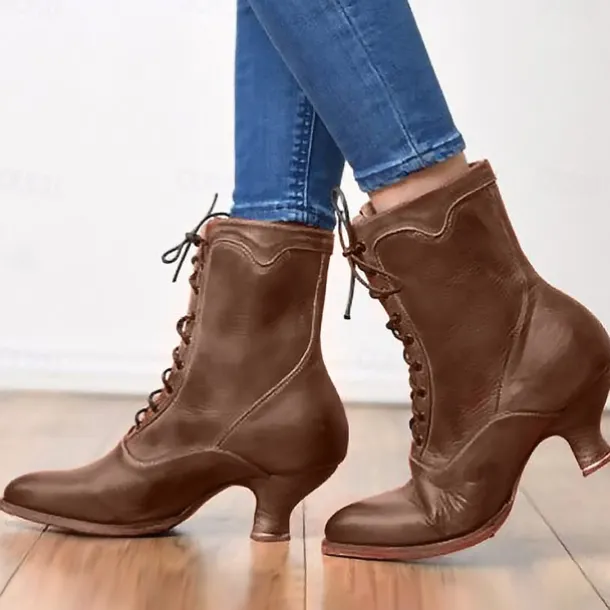 Women's Black Vintage Lace-Up Ankle Boots - Retro Faux Leather Victorian-Style Shoes for Cosplay, Reenactments, and Special Occasions