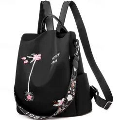 Women's Black Waterproof Nylon Backpack with Floral Embroidery and Shoulder Strap – Casual Lightweight Anti-Theft Bag for Travel, School, or Daily Use