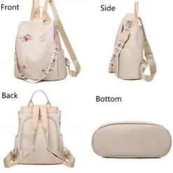 Women's Black Waterproof Nylon Backpack with Floral Embroidery and Shoulder Strap – Casual Lightweight Anti-Theft Bag for Travel, School, or Daily Use